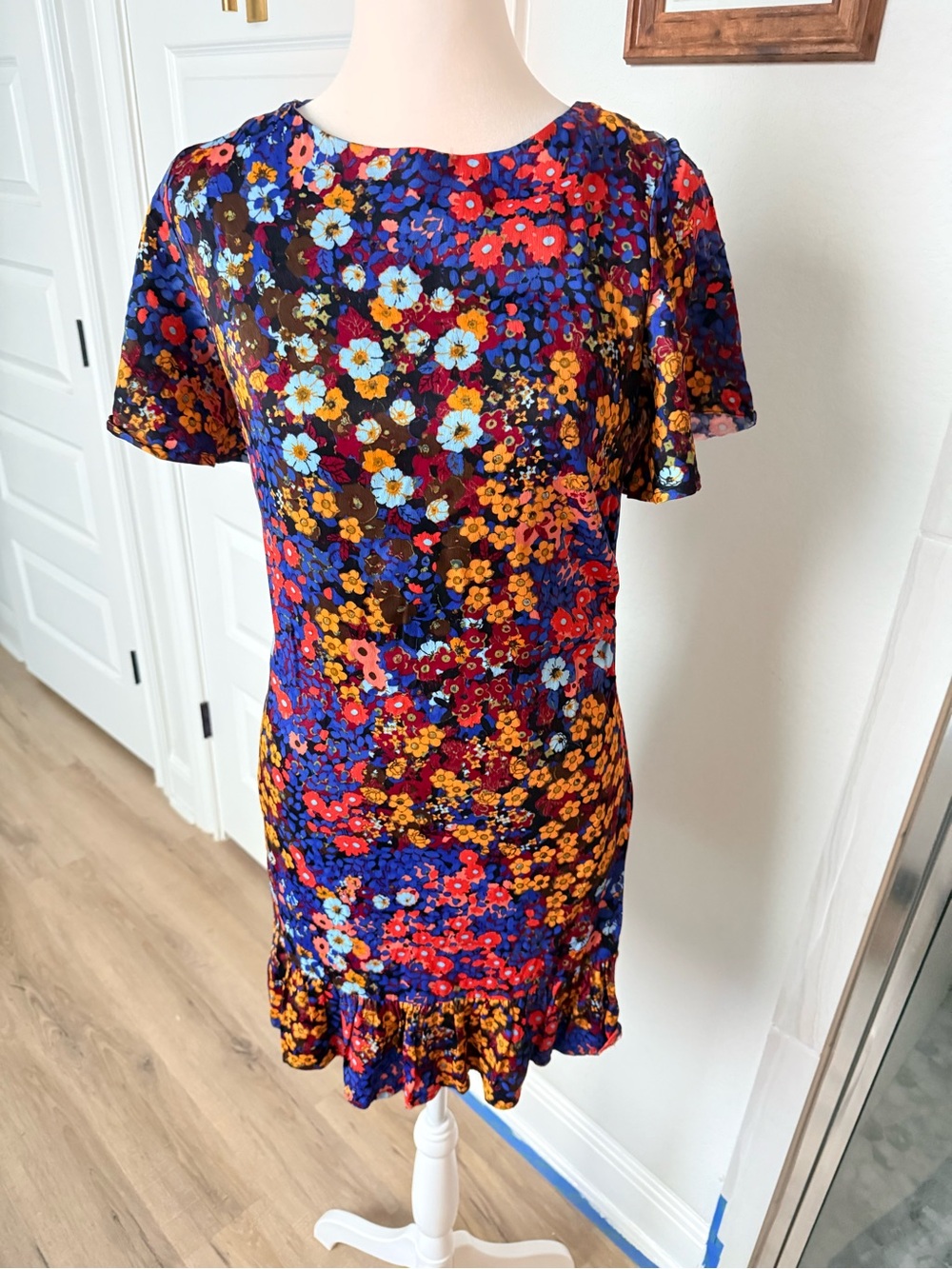 Anthropologie Floral Short Sleeve Mini Dress in Blue, Red, Yellow